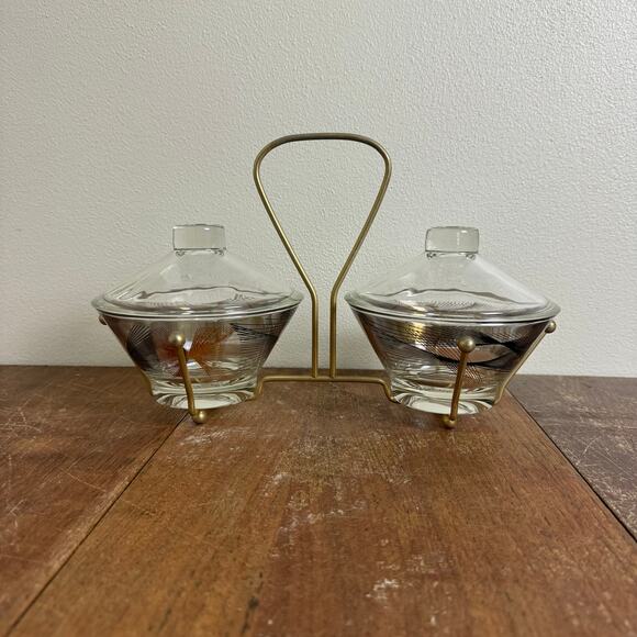 MCM Vintage Retro black gold design glass containers in metal condiment holder - Picture 1 of 10